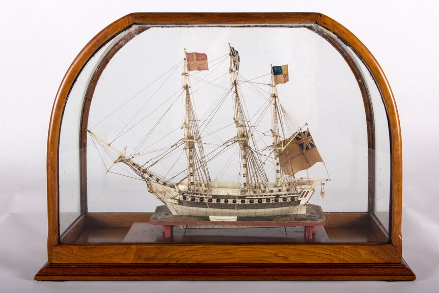 A model ship made from whale bone. 