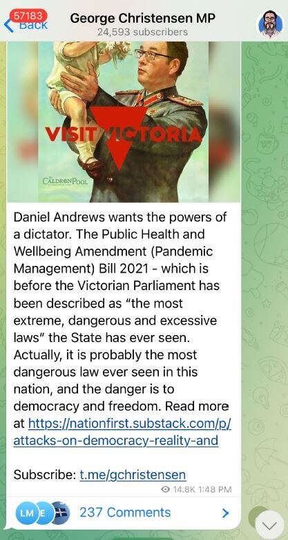 A screenshot of a Telegram post in which George Christensen accuses Dan Andrews of acting like a dictator