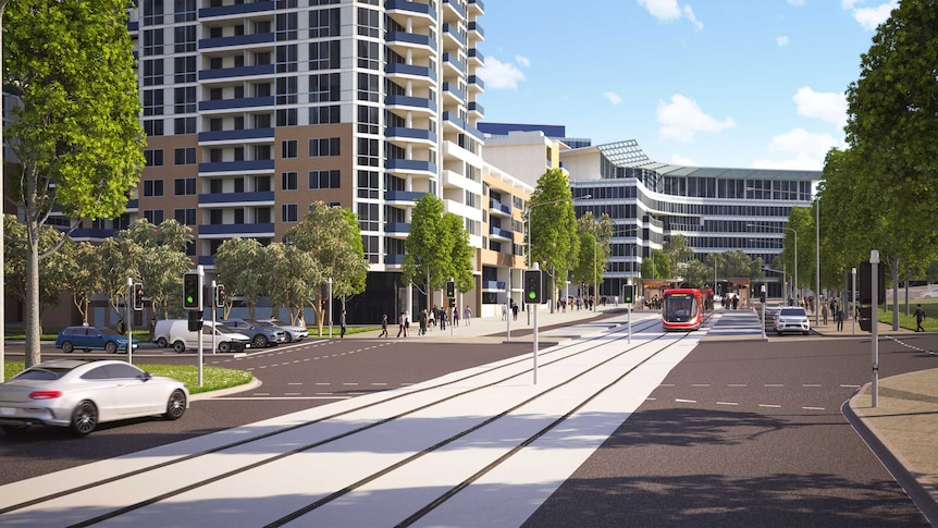 Artist impression of a cordless light rail vehicle in Canberra.