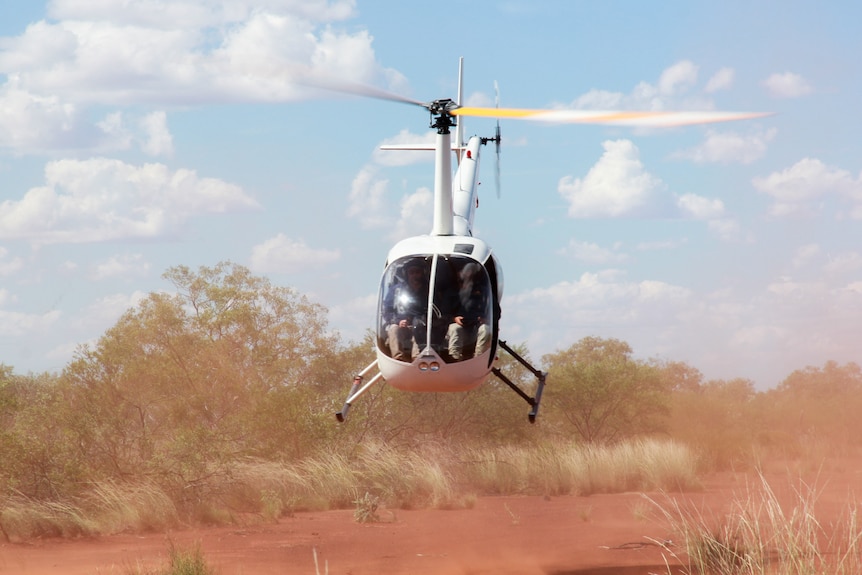 A helicopter raises a dust cloud in the desert.