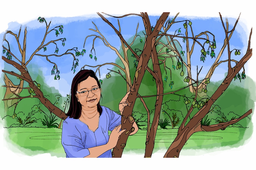 An illustration shows a woman with dark hair and glasses leaning in a tree in a bush setting