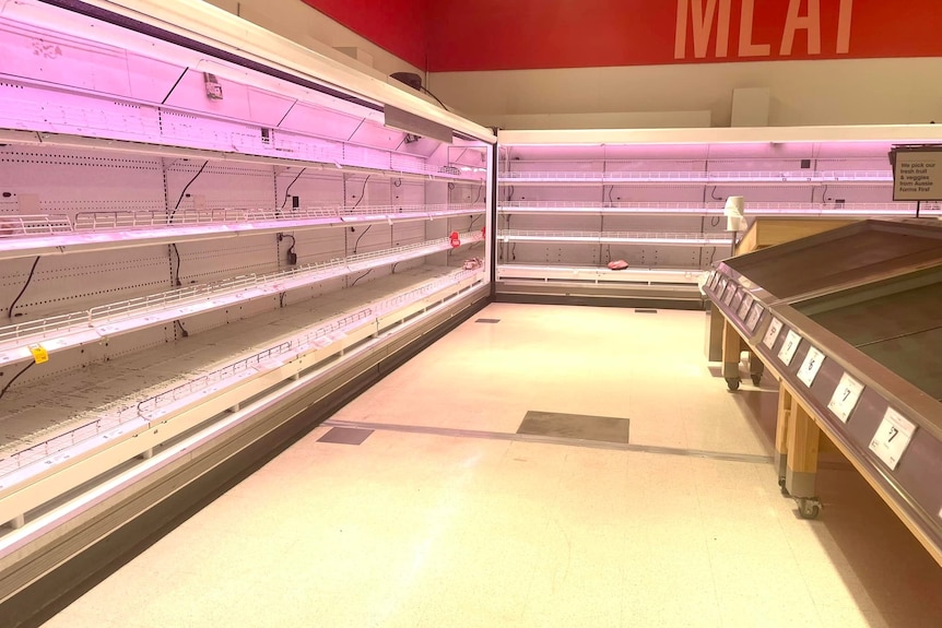 empty shelves in supermarket packaged meat section