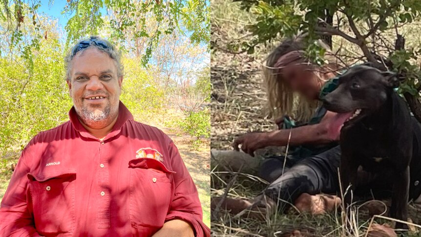 A composite image showing a smiling Indigenous man on the left and a woman slumped on the ground on the right.