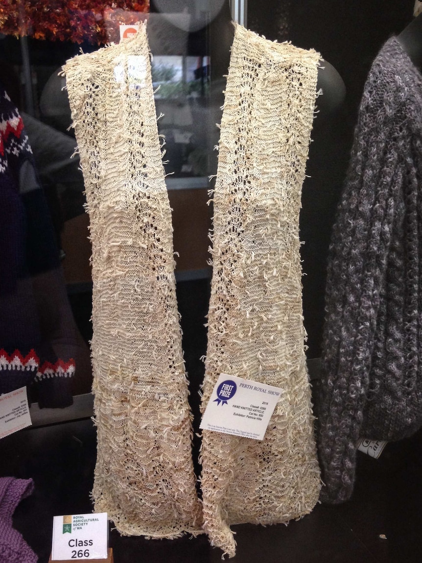 Patricia Hills' vest made of knitted teabag strings.