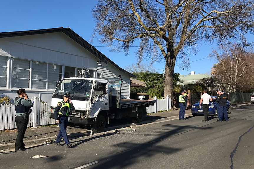 A truck damaged during an alleged 'evade police' incident in Launceston, 31 August, 2017.