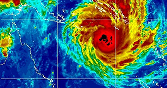 Satellite false-colour image of a cyclone off the east coast of Australia.