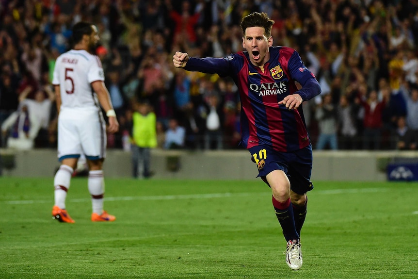 Lionel Messi celebrates his goal against Bayern Munich