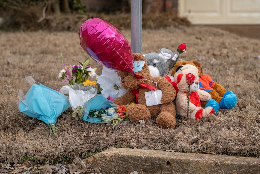 A pile of soft teddy bears, balloons, flowers and ribbons lay on the grass beside a footpath and street sign.