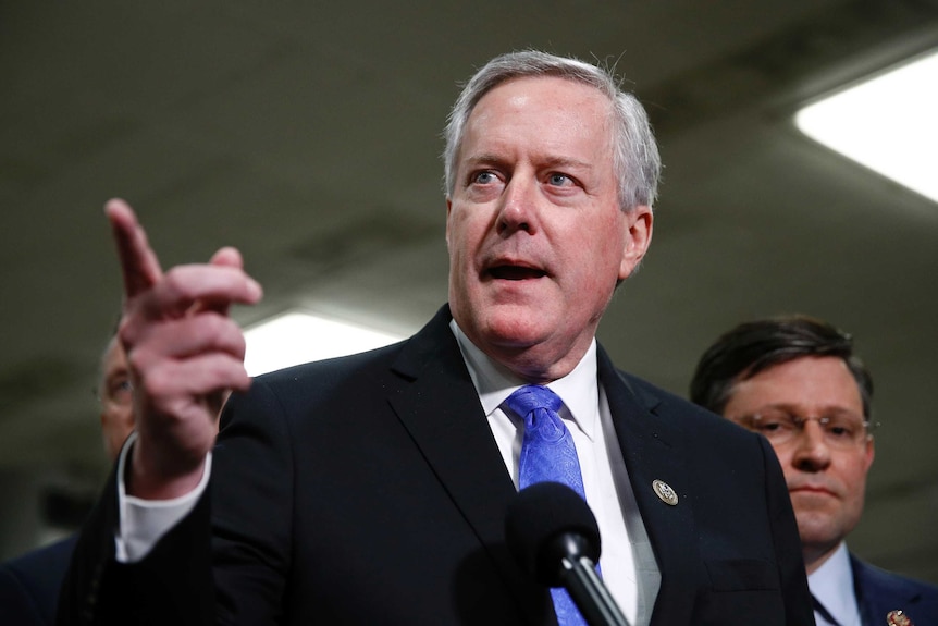 Rep. Mark Meadows, RNC, speaks with reporters during the impeachment trial of President Donald Trump