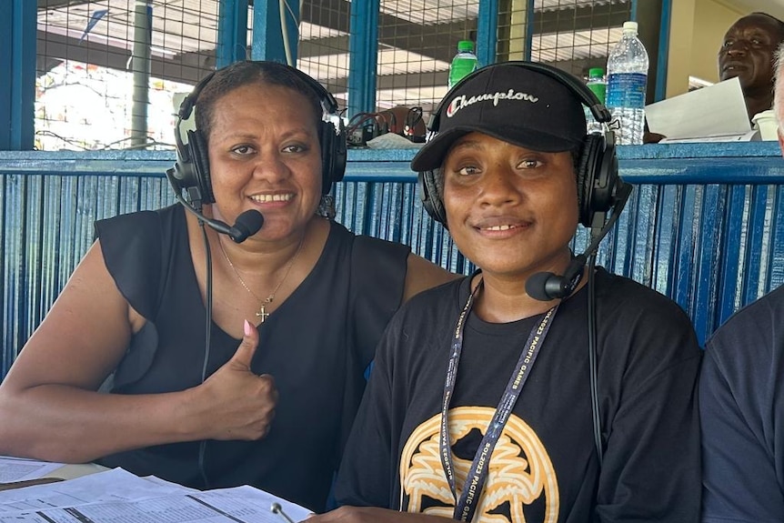Cynthia Seda and Finau Vulivuli commentating at the Pacific Games