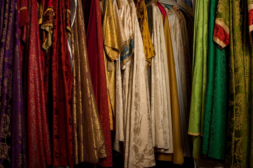 Copes hanging inside the cloakroom of Christ Church St Laurence.