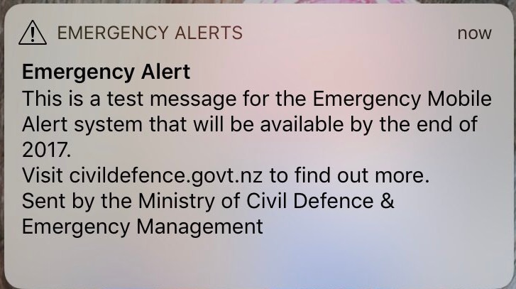 A screenshot of a text emergency alert text message sent in error by the New Zealand Civil Defence.