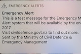 A screenshot of a text emergency alert text message sent in error by the New Zealand Civil Defence.