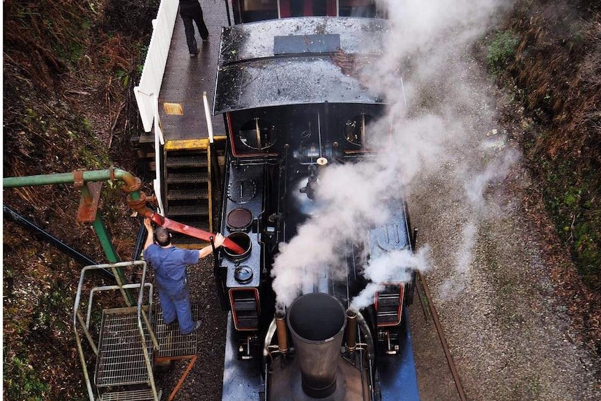 Steam train seen from above