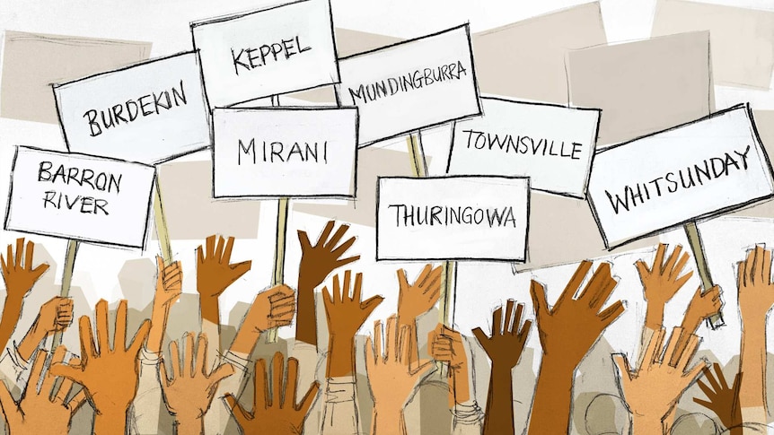 A drawing with hands reaching up to placards with the names of state electorates on them.