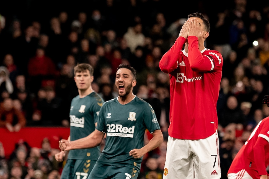 Manchester United Cristiano Ronaldo shows his frustration after losing to Middlesbrough in FA Cup