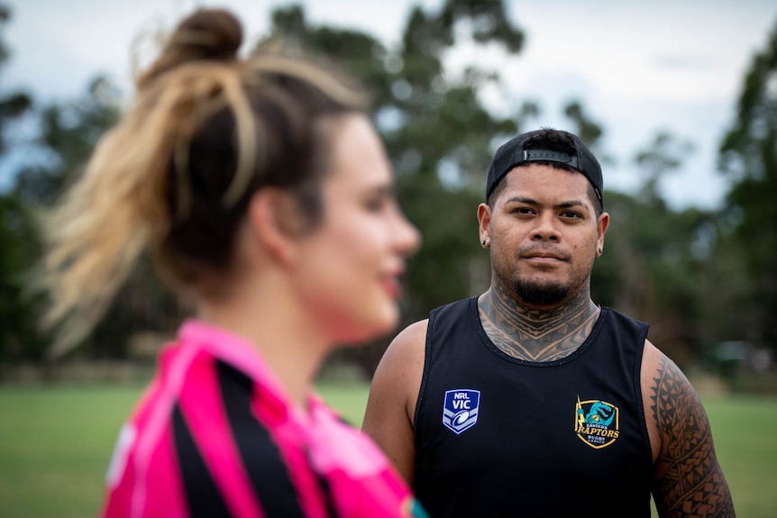 Camille Chamodon (L) and Halatau Tuima rugby League players for the Eastern Raptors pose for a photograph in Boronia Victoria.