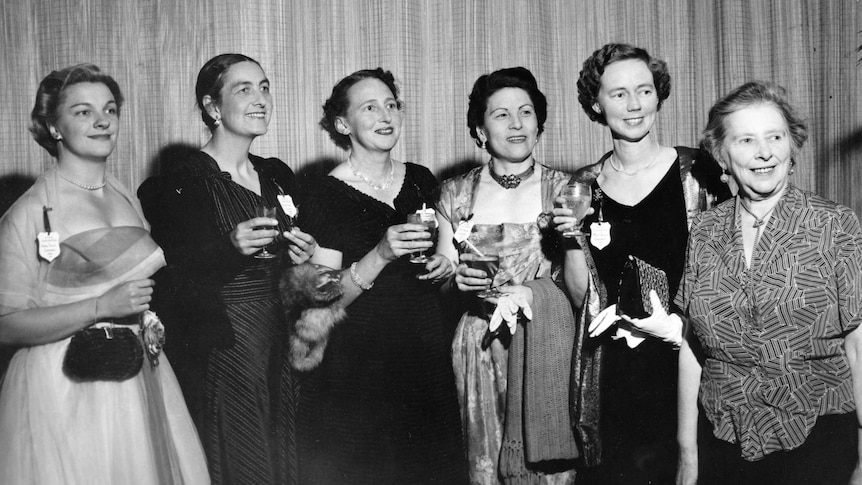 A black and white photograph of six female composers at an APRA convention dinner.
