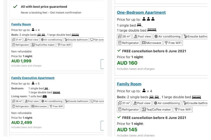 A screenshot of Townsville hotel prices on a popular booking website.