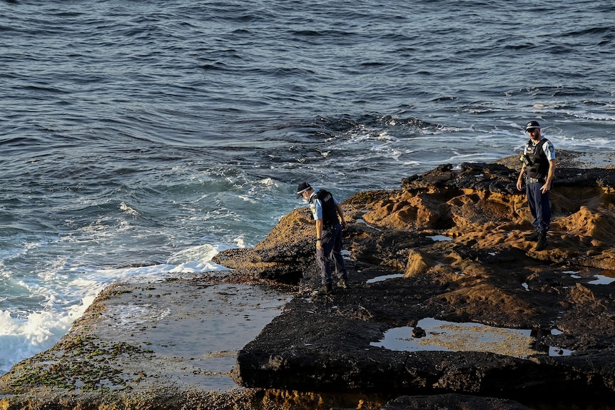 Police look into the sea