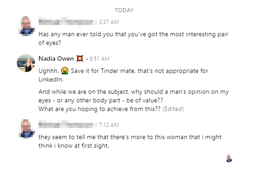 A man sending suggestive messages on LinkedIn and Nadia saying why it's inappropriate 