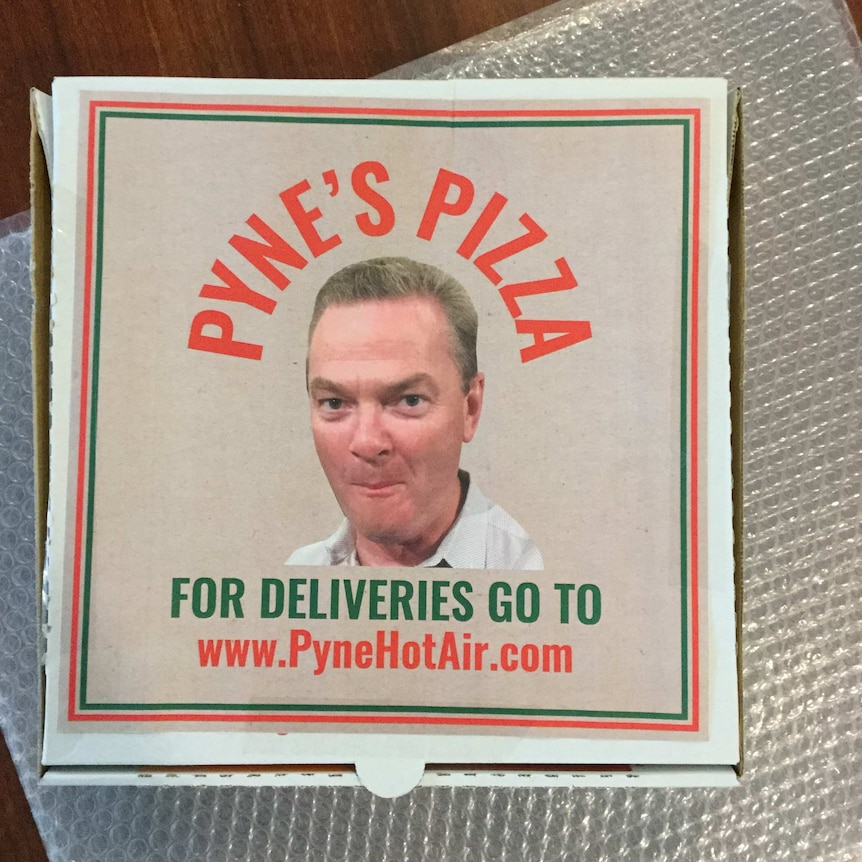 Senator Nick Xenophon's mocked-up empty pizza boxes.