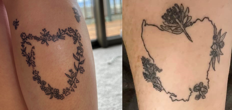 Two photos of black ink tattoo showing the map of tasmania with a floral boarder