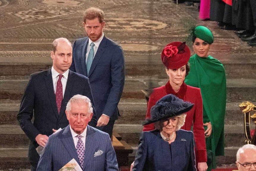 Prince Charles, Camilla walk behind the Queen, with Prince William and Kate behind them and Prince Harry and Meghan following.