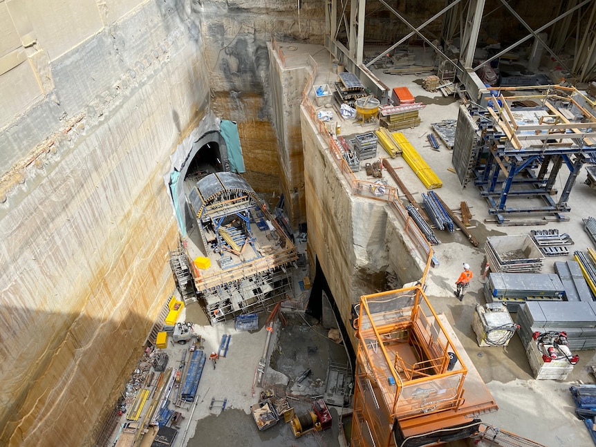 Martin Place metro rail station construction site seen from above.