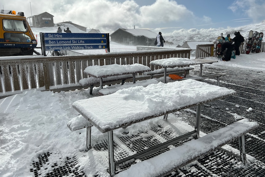 Snow covers tables at Ben Lomond.