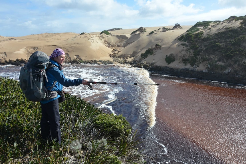 A bushwalker with pack on and pole in hand looking up the mouth of a river that has sand dune banks and has a wave rolling up it