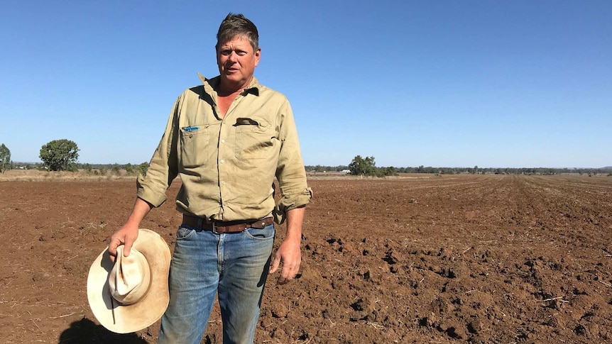 farmer standing in front of dry field