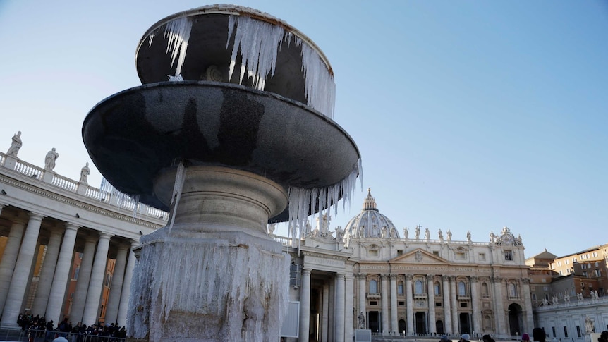 Icicles adorn a fountain in St. Peter's Square at the Vatican