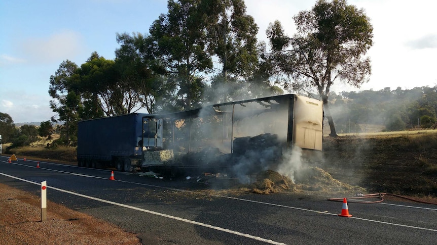 The road train carrying chemicals caught alight