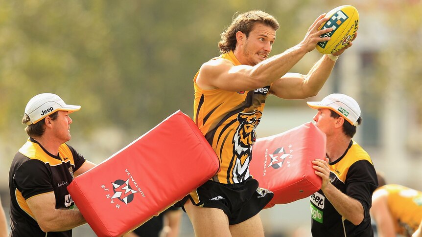Intent focus: Ivan Maric trains ahead of his first AFL game for the Tigers.