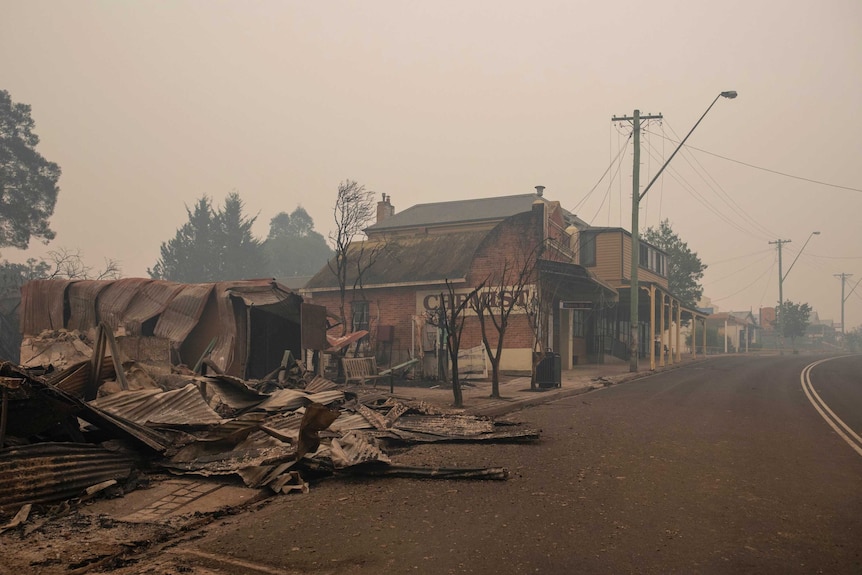 A town that has been completely destroyed by fire.