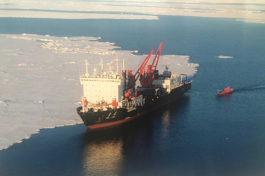 An icebreaker ship near a sheet of ice on the ocean.