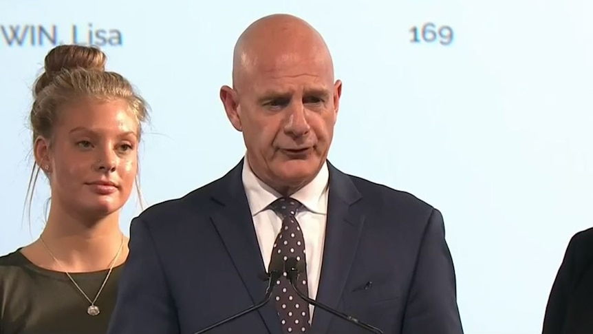 Premier Peter Gutwein giving a speech on election night.