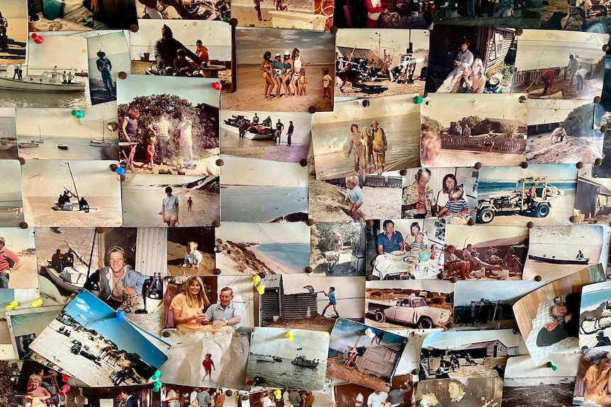 a pinboard filled with photographs of people on holiday