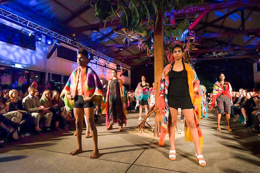 Models wearing felt fashions from Mornington Island at the Cairns Indigenous Arts Fair