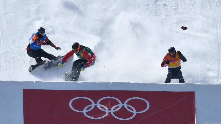 Kalle Koblet of Switzerland, Kevin Hill of Canada and Markus Schairer of Austria crash in Pyeongchang.