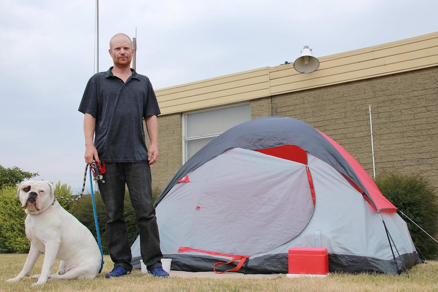 Adam Smith at his tent site, Hobart showgrounds, January 17, 2019.