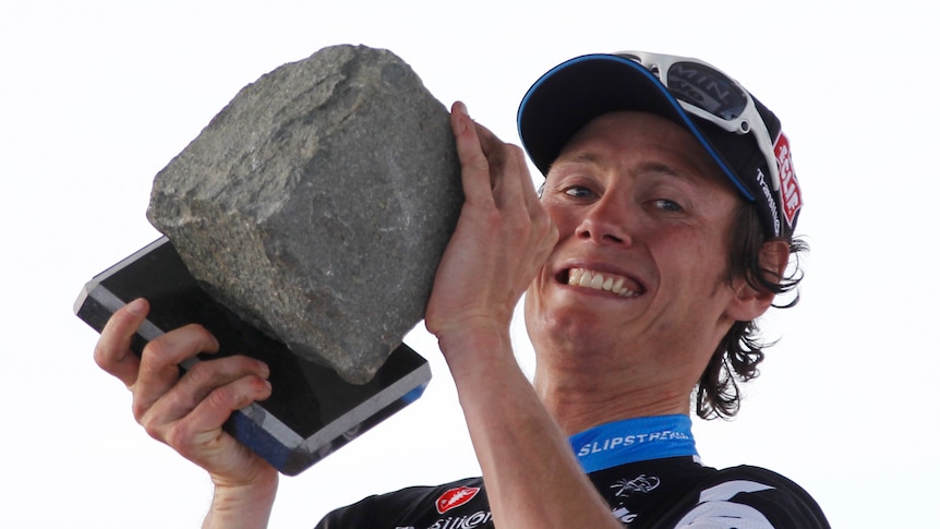 Johan van Summeren celebrates with Paris-Roubaix trophy