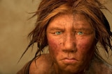 A lifelike reconstruction of a woman with brown hair and pale green eyes
