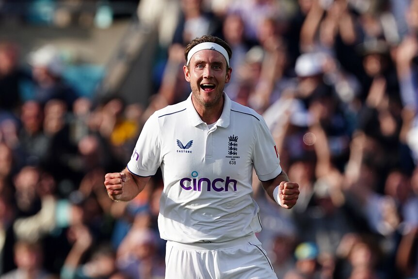 England bowler Stuart Broad pumps both fists and smiles after taking a wicket during an Ashes Test.
