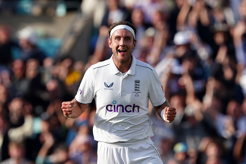England bowler Stuart Broad pumps both fists and smiles after taking a wicket during an Ashes Test.