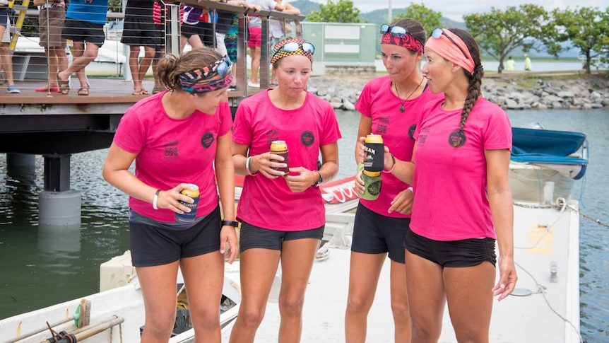 The Coxless Crew enjoy a well earned beer after arriving in Cairns.