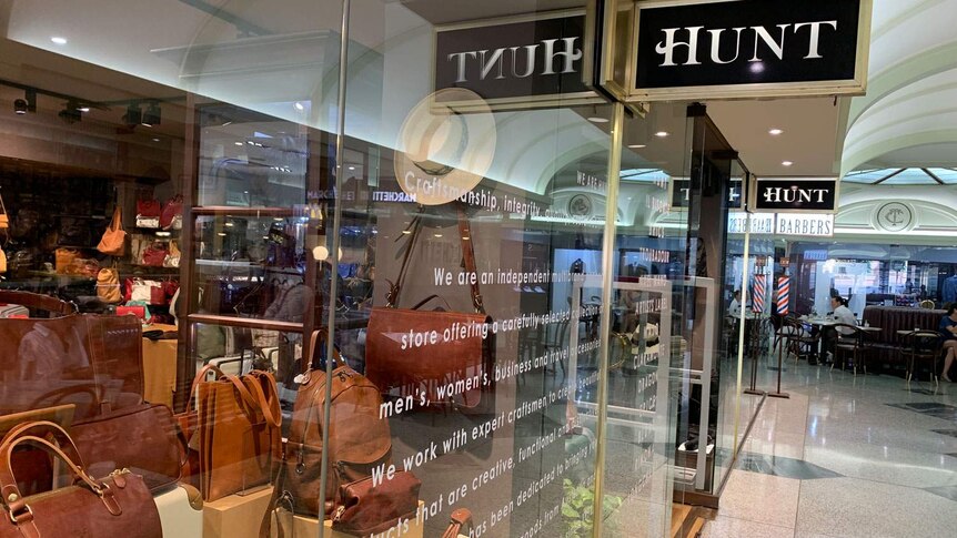 Shopfront of Hunt Leather store in the Tattersalls Arcade in Brisbane's CBD