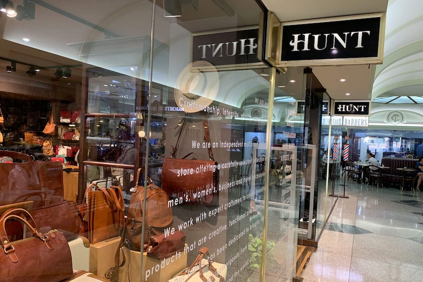 Shopfront of Hunt Leather store in the Tattersalls Arcade in Brisbane's CBD