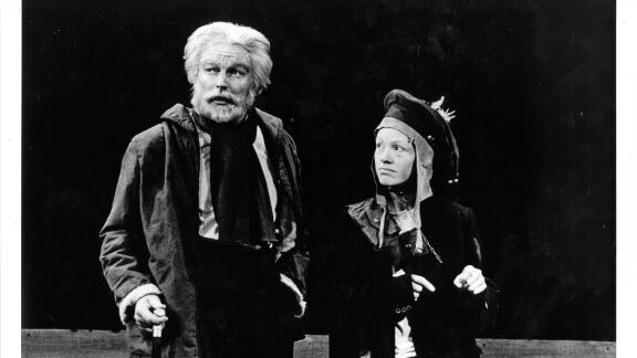 On stage at the Nimrod Theatre in Sydney, NSW is John Bell and Judy Davis both in costume for a production of King Lear in 1984.